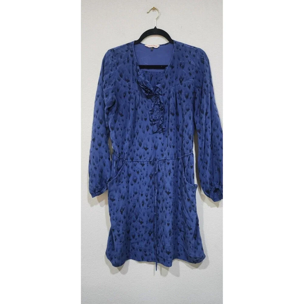 REBECCA TAYLOR blue silk long sleeve pockets belted front frill dress tunic 8